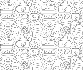 Seamless repeating pattern with drinks and desserts for cafe menu. Print for a shop with tea and coffee and a hot drink. Vector illustration.