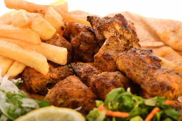 Kebab, traditional Turkish, Greek meat and chickens food, isolated on white background