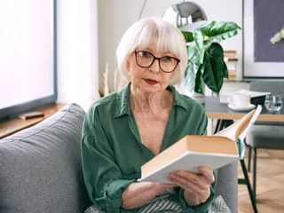 cheerful senior woman sitting on the couch reading a book at home. Education, mature, leisure concept
