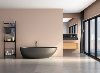 Fototapeta na wymiar 3D rendering of bathroom interior with concrete floor,beige wall background, black bathtub, front view. Minimalist bathroom with modern furniture. 3D rendering