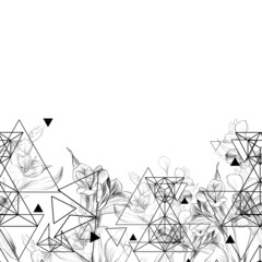 Beautiful seamless border with black lilies and triangles on white background