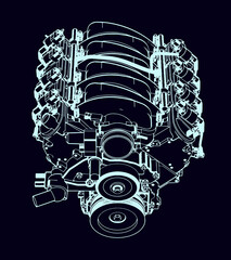 Modern V8 Engine. Outline style. Engineering Background.
