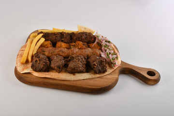 Kebab, traditional Turkish, Greek meat and chickens food, isolated on white background