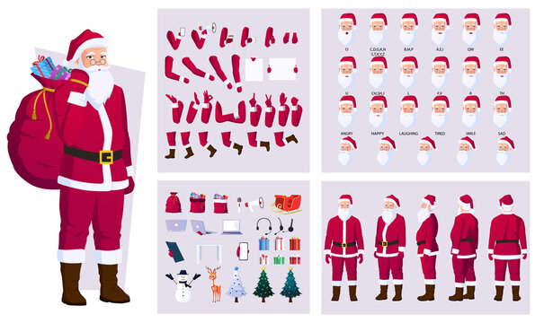 Christmas Santa Character Creation and Face Animation Set With deer, snowman, Tree, Gifts, sleigh, and Different Actions Vector File