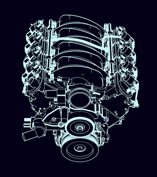 recommend clip art: Modern V8 Engine. Outline style. Engineering Background.