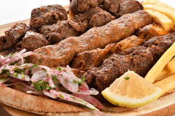 Kebab, traditional Turkish, Greek meat and chickens food, isolated on white background