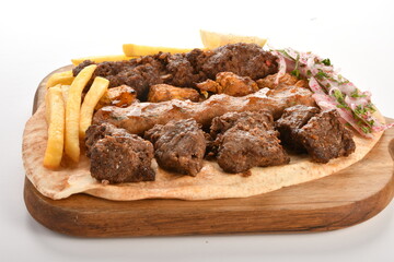 Kebab, traditional Turkish, Greek meat and chickens food, isolated on white background