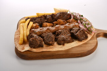 Kebab, traditional Turkish, Greek meat and chickens food, isolated on white background