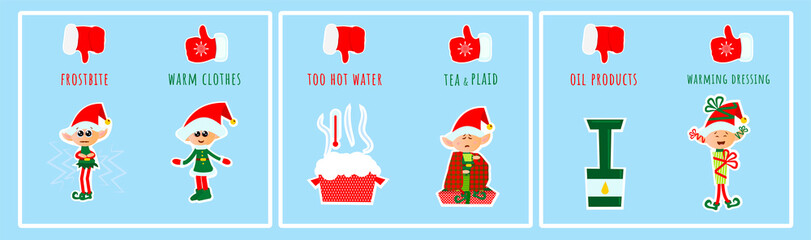 The little elf tells what can and cannot be done during hypothermia in winter. Infographic stickers for kids posters about frostbite.