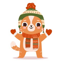 Cute cat in winter clothes. Ginger cat wearing funny warm hat and scarf with patters. Cartoon winter vector character on white background