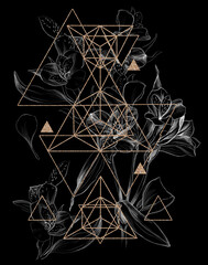 White hand drawn lilies with gold geometry no black background