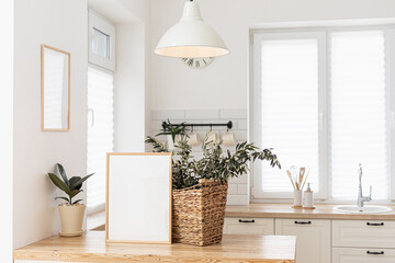 Mock up frame in kitchen interior background. Scandinavian home design.