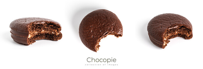 Chocolate dessert chocopie isolated on white background. Chocolate sponge cake. Chocolate cookies.