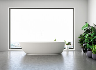 Naklejka na ściany i meble Bright bathroom interior with white bathtub,concrete floor, beatutiful plants, panoramic window with city view. 3d rendering