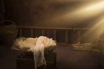 Fototapeta Empty crib in nativity manger obraz