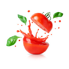 Splashing tomato juice with flying basil leaves isolated on white background. Design element for...