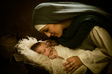 Nativity scene mother mary with Jesus - obrazy, fototapety, plakaty