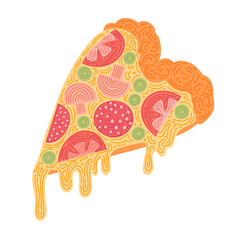 Heart shaped Slice of Pizza with dripping cheese, salami sausage, tomatoes, champignon mushrooms, olives, crispy crust. Pizza lover concept illustration, hand drawn freehand isolated vector on white.