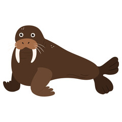 Beautiful cartoon illustration with colorful sea animals walrus on white background for print design. Kid graphic. Sea underwater life. Vector isolated hand drawing.