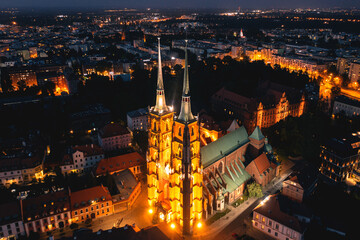 Wroclaw Cathedral of the Night., Arefotosemka. View from the top to the beautiful cathedral Katedra sw. Jana chrzciciela