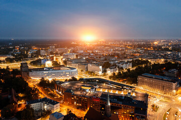 Night panorama of the old European city of Wroclaw from above. A beautiful old town illuminated by bright lights. aerial photography. Wroclaw, Poland