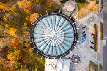 Historic round building from above. Museum in the city of Wroclaw. panorama of Raclawicka. Poland