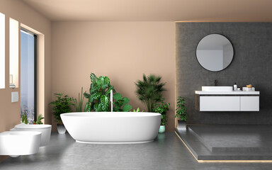 Fototapeta na wymiar Rendering of bathroom interior with concrete floor,beige wall background, beautiful plants, beige bathtub, beige toilet, front view. Minimalist bathroom with modern furniture. 3D rendering