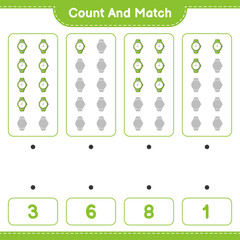 Count and match, count the number of Watches and match with the right numbers. Educational children game, printable worksheet, vector illustration