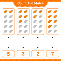 Count and match, count the number of Sea Shells and match with the right numbers. Educational children game, printable worksheet, vector illustration