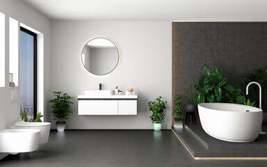 Minimalist bathroom interior with concrete floor,white wall background, beautiful plants, white bathtub, white toilet, front view. Minimalist bathroom with modern furniture. 3D rendering