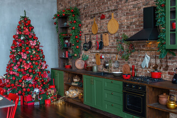 Christmas dining room interior. New Year decorations, table, fir tree. Winter holidays celebration. Christmas decor in kitchen.