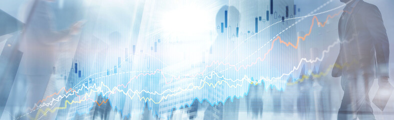 Business finance growth graph chart analysing diagram trading and forex exchange concept double exposure
