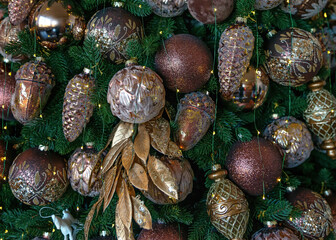 Golden and bronze toys on the fir tree close up. Background with Christmas decorations. Luxury Xmas tree decorated with expensive ornaments. New Year background. Winter holiday.
