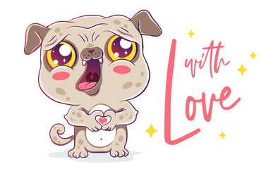 Vector illustration of a cute pug in kawaii style.