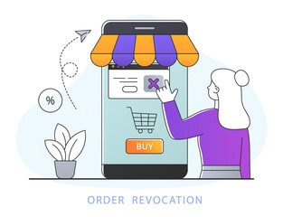 Concept of cancelled order. Girl put product in shopping cart by mistake. Cancel action, online shopping, modern technology