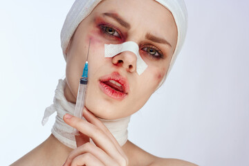 emotional woman health problem injury face injection isolated background