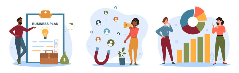 Set of marketing plan. Collection of images in which people analyze development of company. People look at schedule, search for optimal regime. Characters set up ads. Cartoon flat vector illustration