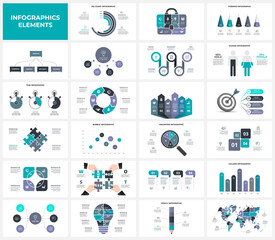 Set of infographic presentation slides. Puzzles, lightbulb, goal, maps, arrows, flowchart and circle diagrams. Vector illustration for business data visualization
