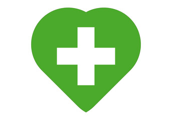 Fototapeta premium Corazón verde con cruz de farmacia en fondo blanco.