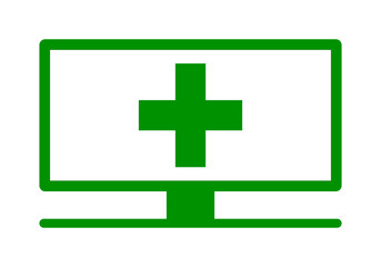 Icono verde de farmacia online en fondo blanco.