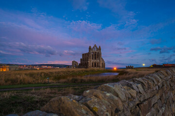 Whitby Abbey Church Ruins, Yorkshire ENGLAND Ancient ruined church Night shot