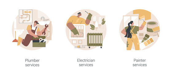 Contractor services abstract concept vector illustration set. Plumber and electrician services, residential, commercial painting, heating installation, home automation, renovation abstract metaphor.
