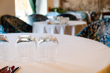 Table arrangement in an expensive haute cuisine restaurant