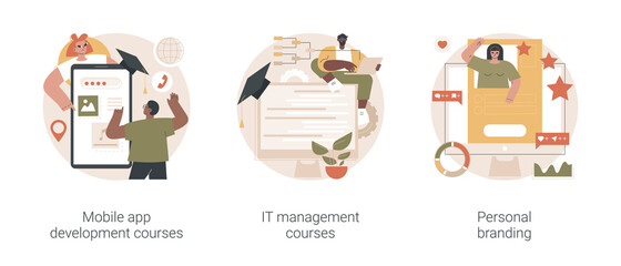 Career in IT abstract concept vector illustration set. Mobile app development courses, IT management courses, personal branding, junior app developer, business frameworks abstract metaphor.