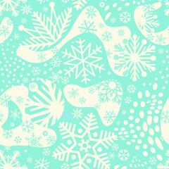 Snow seamless pattern. Artistic winter background with dots and snowflakes. Seasonal drawn texture. Winter holiday backdrop. Christmas collection.