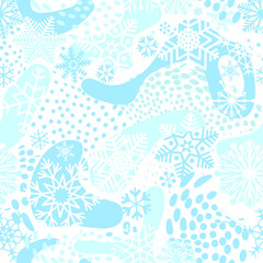 Fototapeta na wymiar Snow seamless pattern. Artistic winter background with dots and snowflakes. Seasonal drawn texture. Winter holiday backdrop. Christmas collection.
