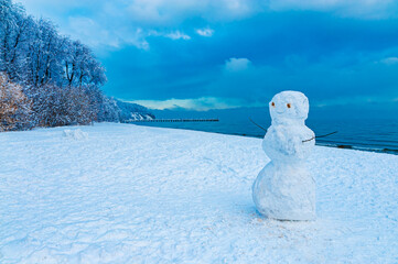 Snowman standing on the beach and smiling