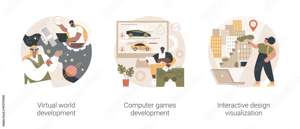 Poster web programming abstract concept vector illustration set. virtual world and computer games developme