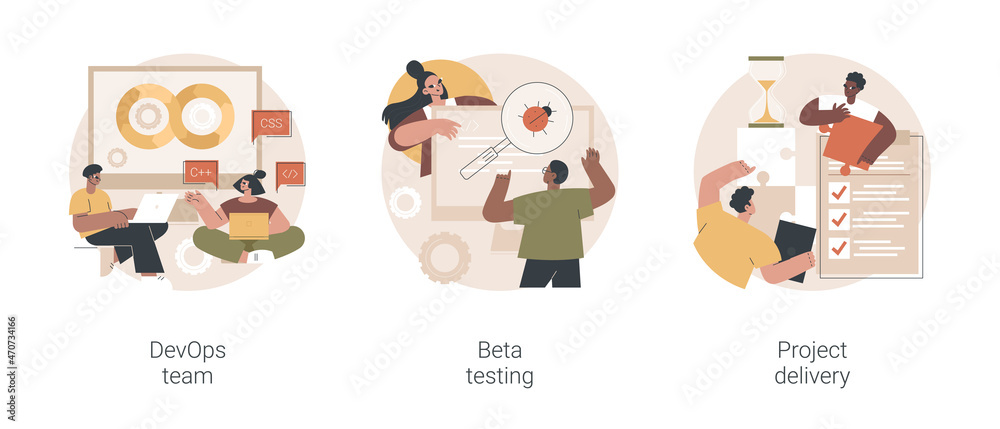 Poster it teamwork abstract concept vector illustration set. devops team, beta testing, project planning an