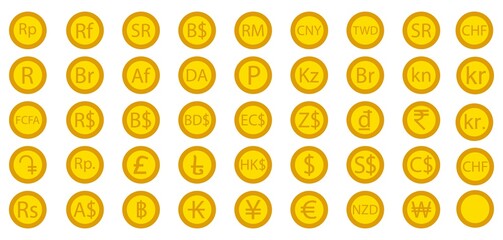 Foreign currency gold coins icon set. Vector illustration.